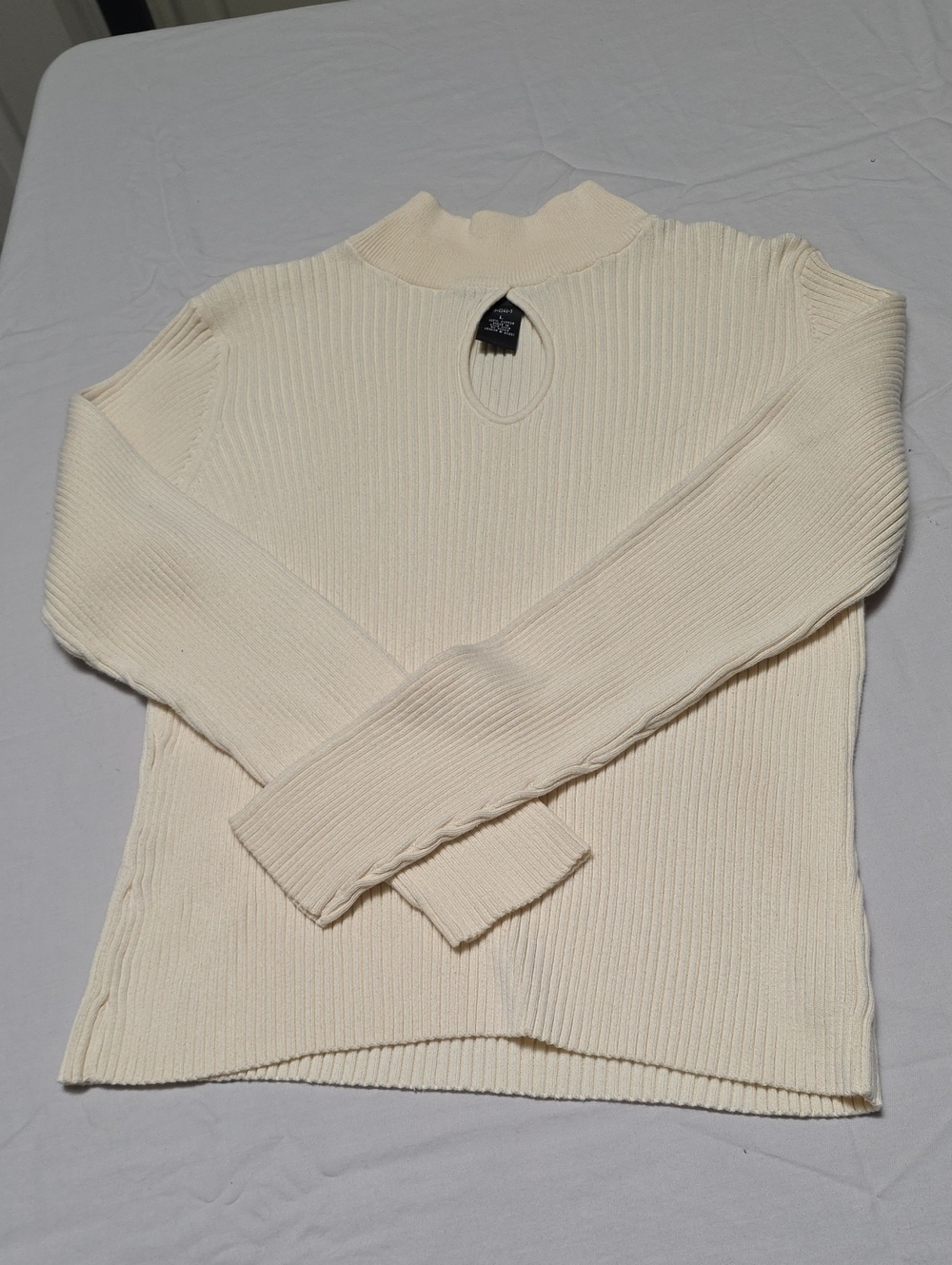 100% Cotton Quiet Luxery Cream Ribbed Mock Neck Sweater with Keyhole
